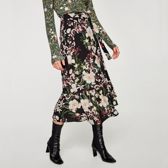 Zara Dresses & Skirts - Zara Basic Floral Printed Midi Wrap Skirt